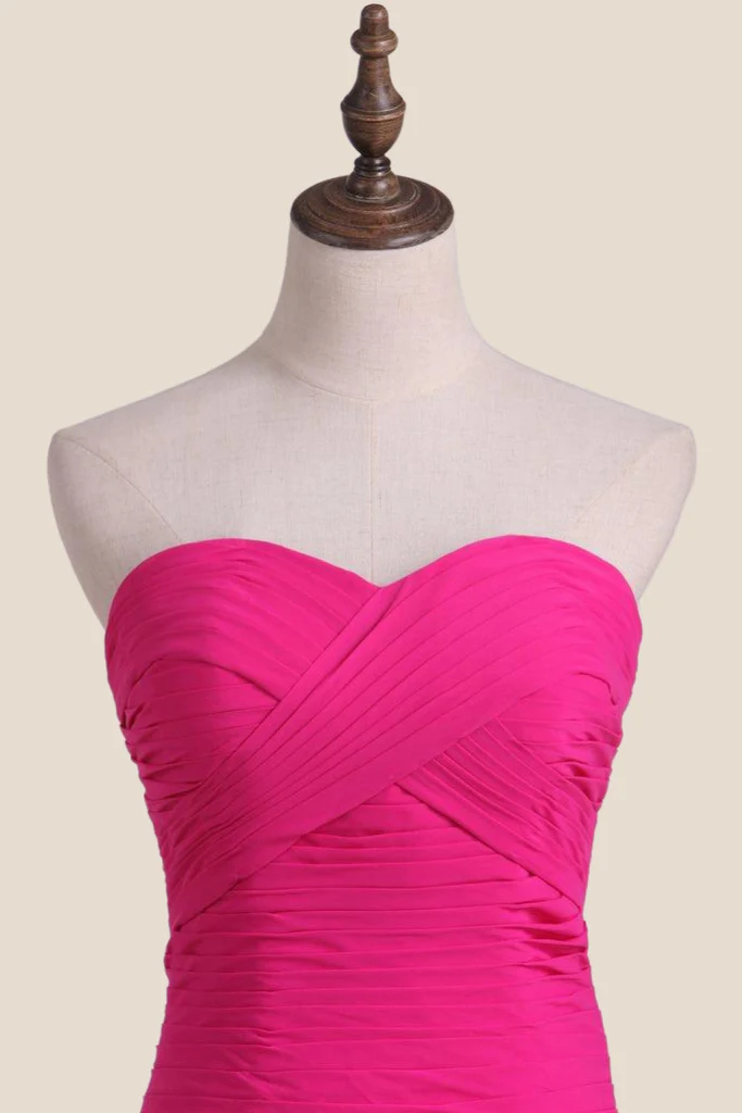Strapless Hot Pink Pleated Mermaid Long Party Dress - Image 3