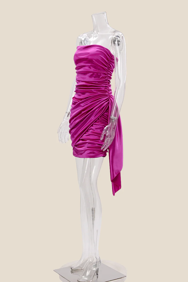 Strapless Fuchsia Ruched Short Dress with Shawl - Image 3