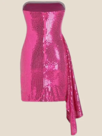 Strapless Hot Pink Sequin Short Dress with Shawl - Image 2