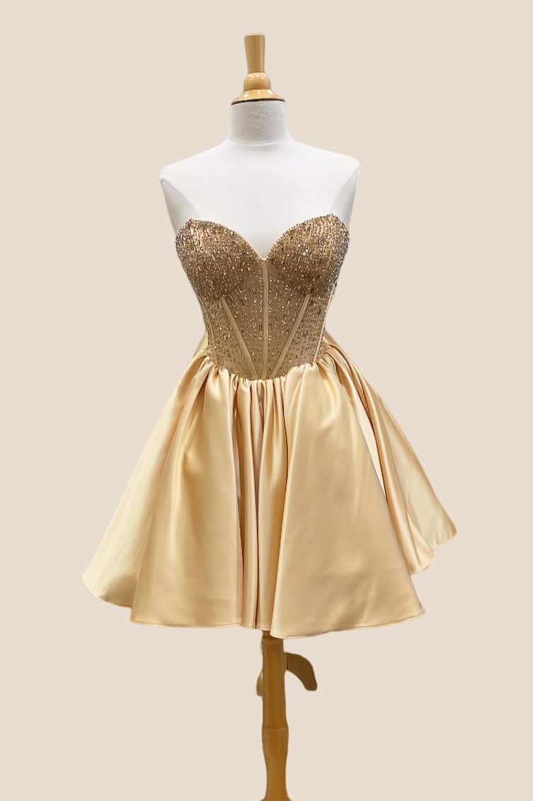 Strapless Gold Beaded Short Dress with Boning - Image 2