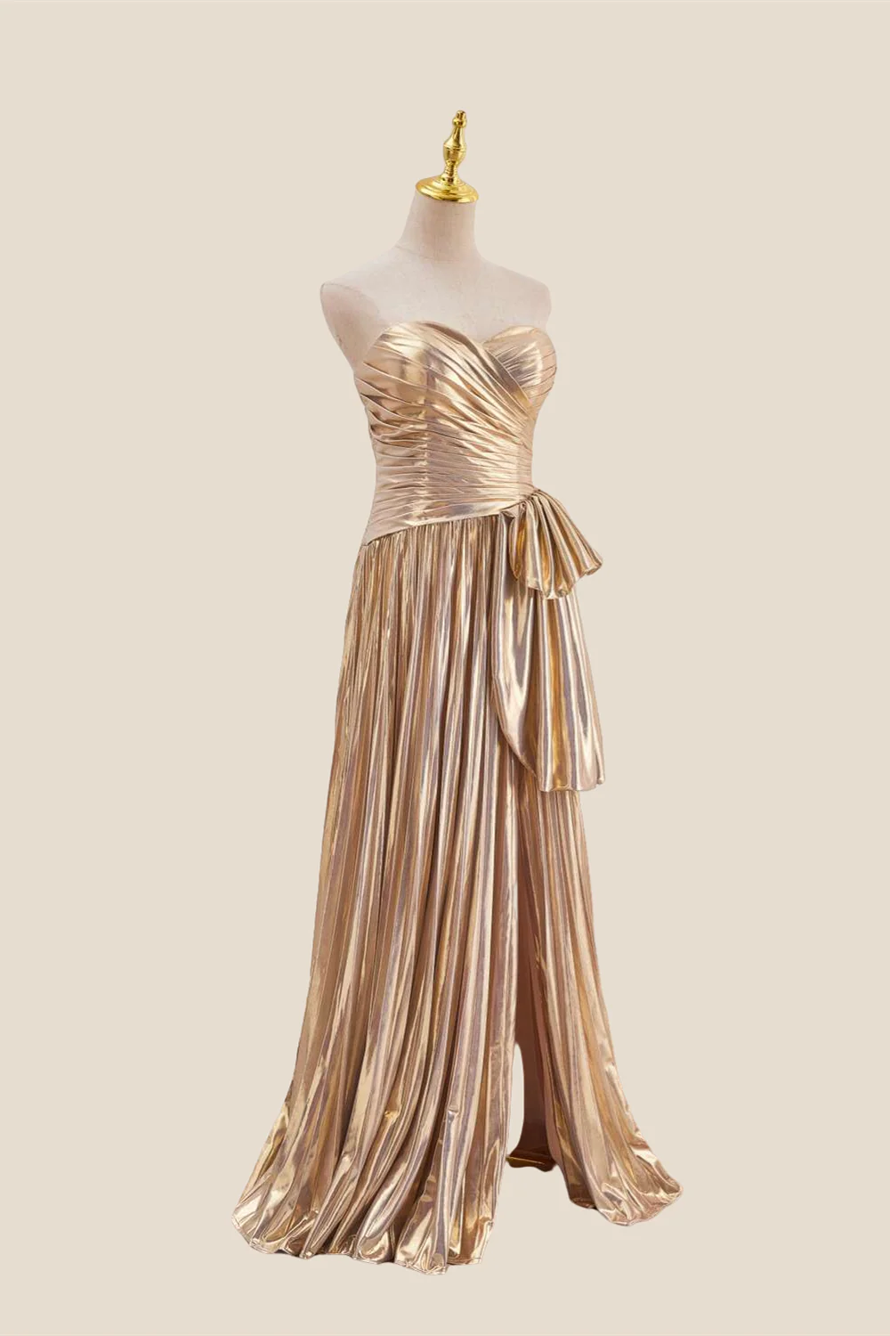 Strapless Gold Pleated Metallic Long Dress - Image 3
