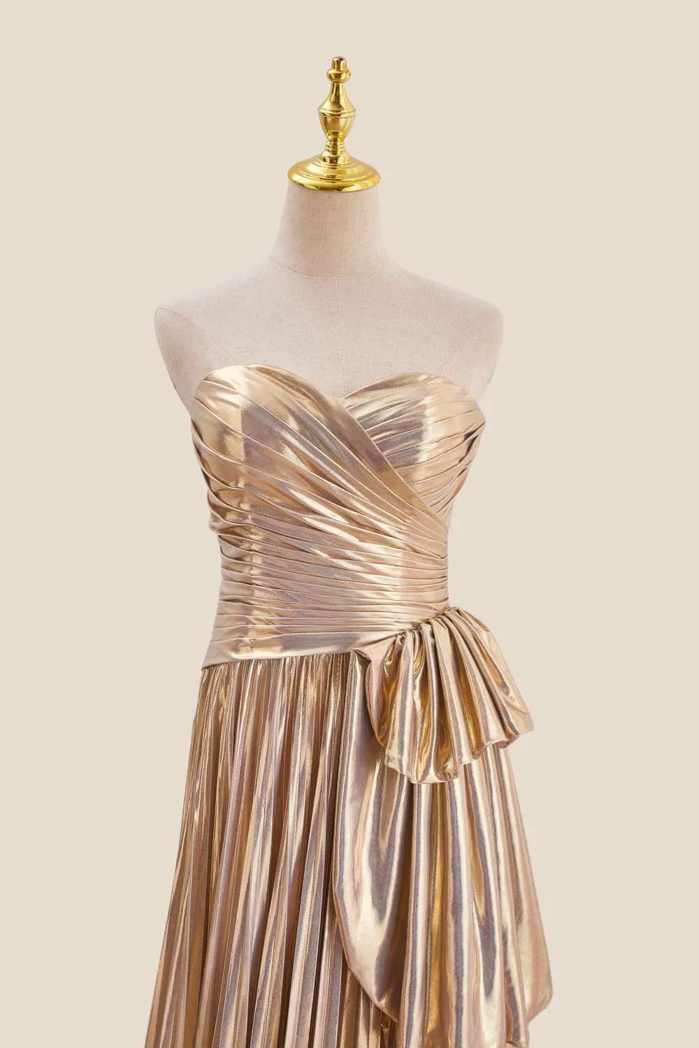 Strapless Gold Pleated Metallic Long Dress - Image 4