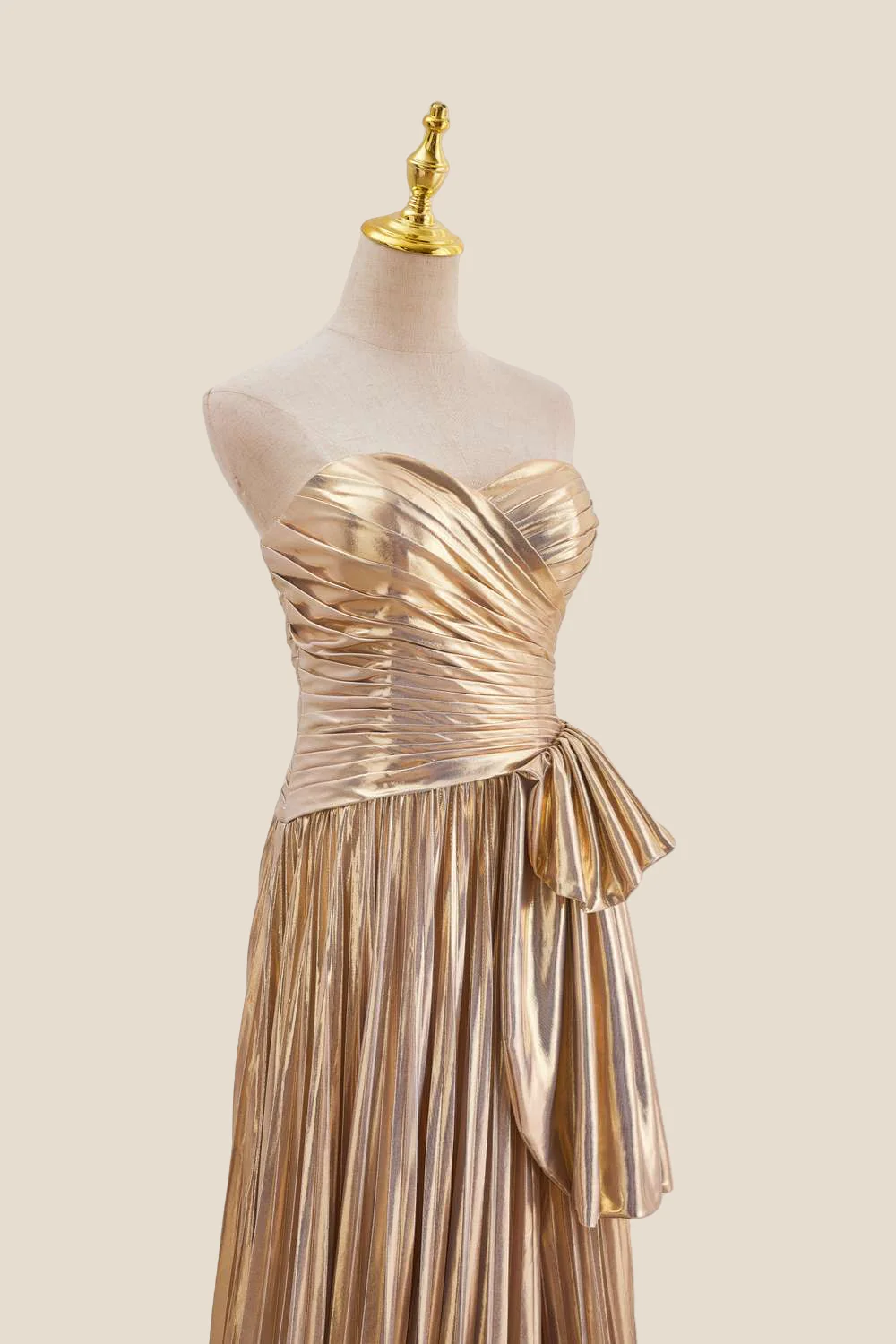Strapless Gold Pleated Metallic Long Dress - Image 6