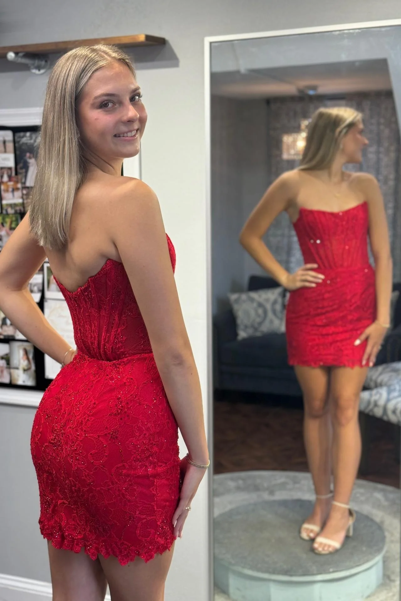 Strapless Green Lace Beaded Bodycon Short Dress - Image 4