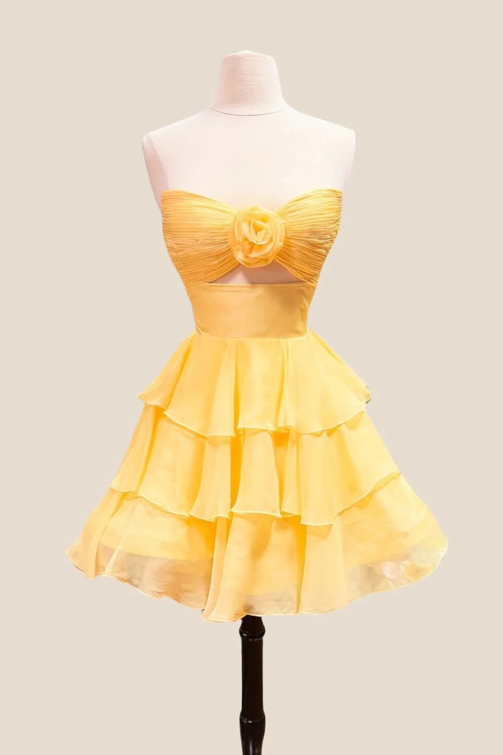 Strapless Green Pleated Tiered Short Dress with Rosette - Image 2
