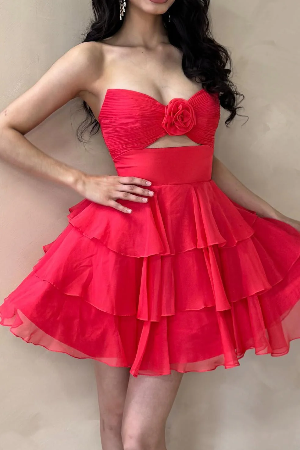 Strapless Green Pleated Tiered Short Dress with Rosette - Image 6