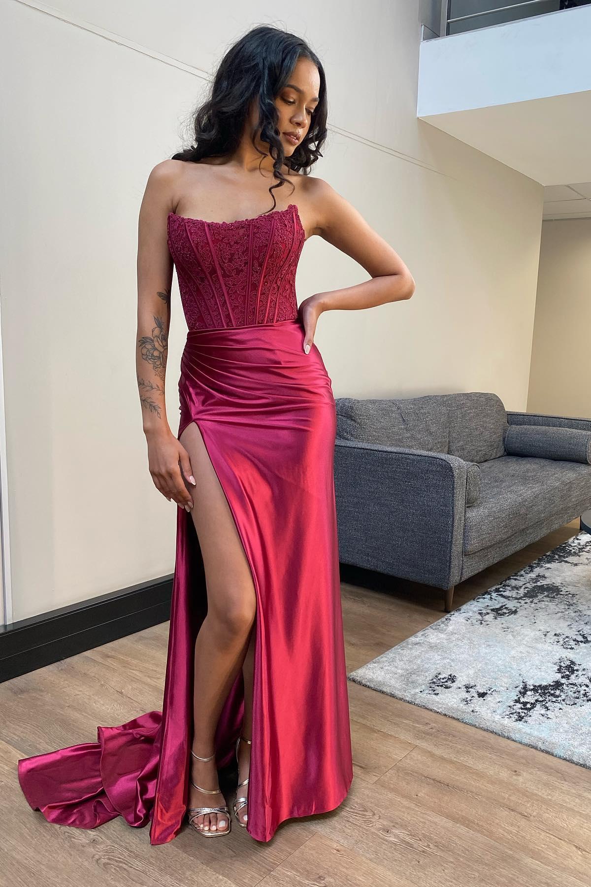 Strapless Fuchsia Lace Mermaid Formal Dress - Image 7
