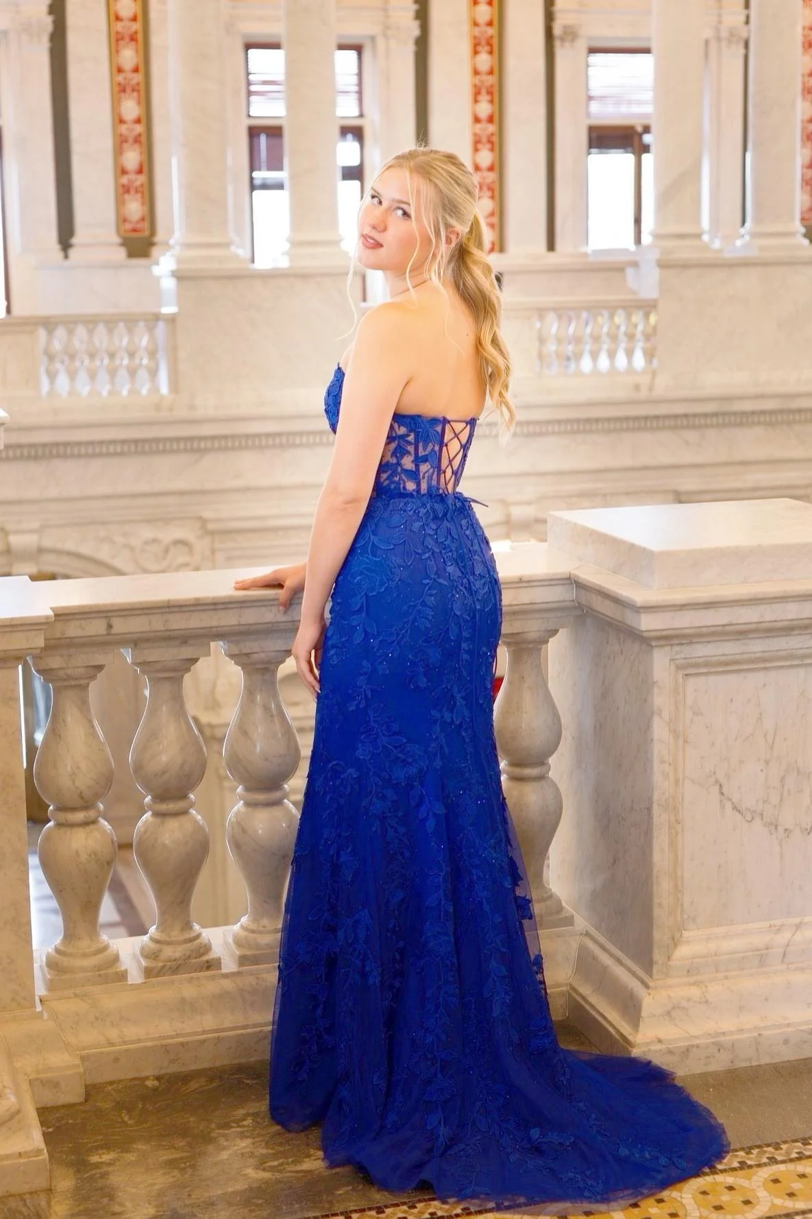 Strapless Hot Pink Lace Mermaid Long Prom Dress - Image 16