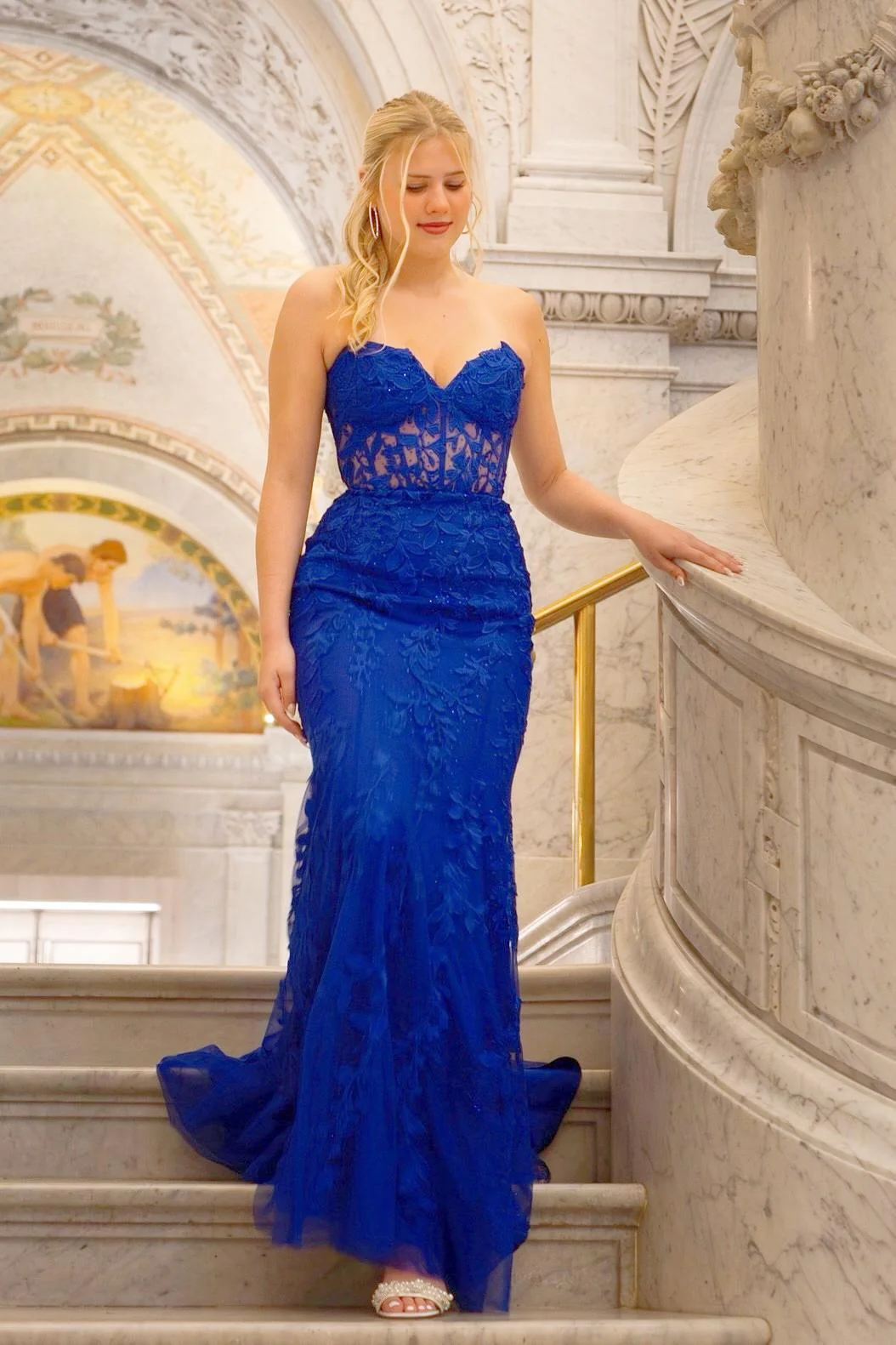 Strapless Hot Pink Lace Mermaid Long Prom Dress - Image 7