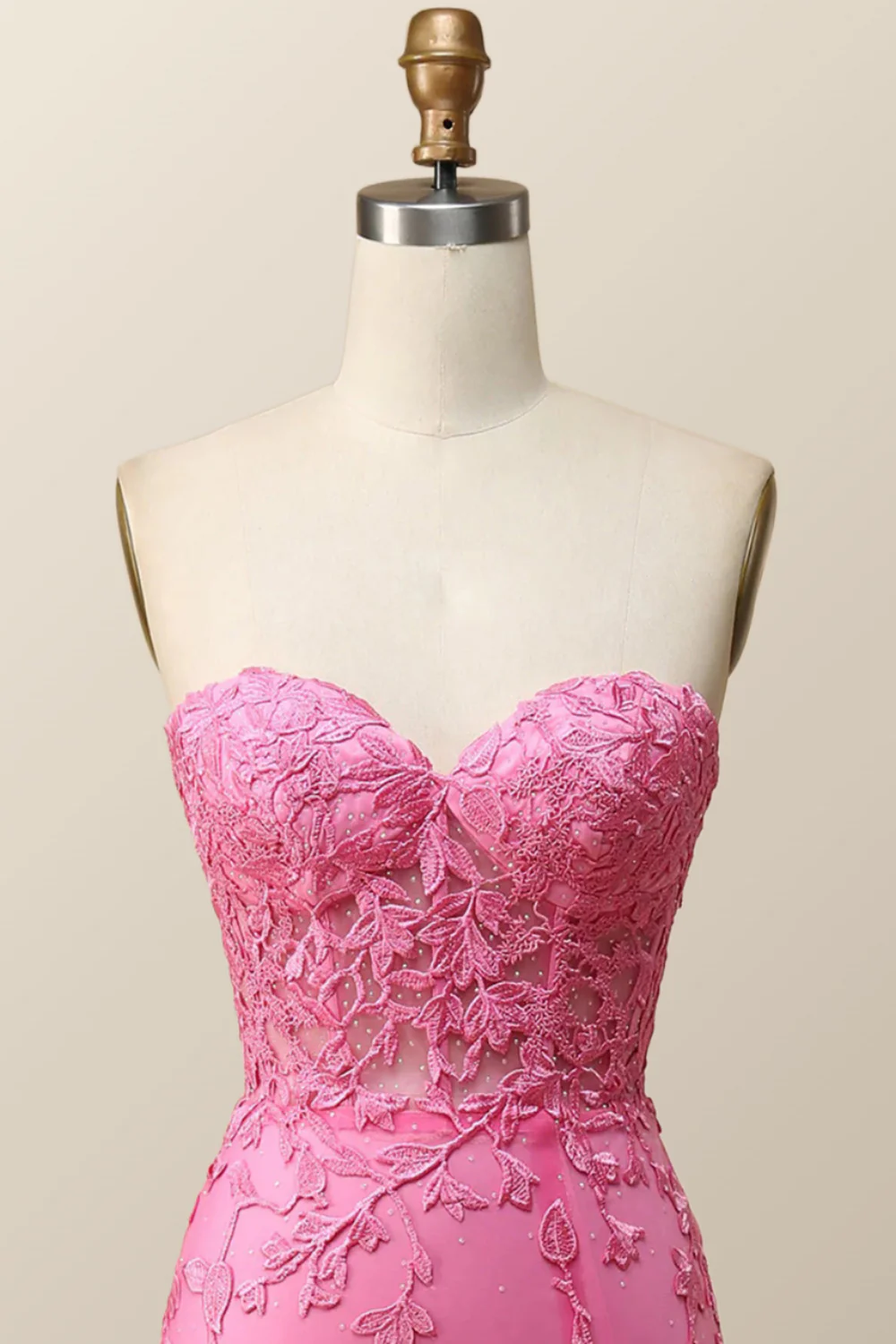 Strapless Hot Pink Lace Mermaid Long Prom Dress - Image 9