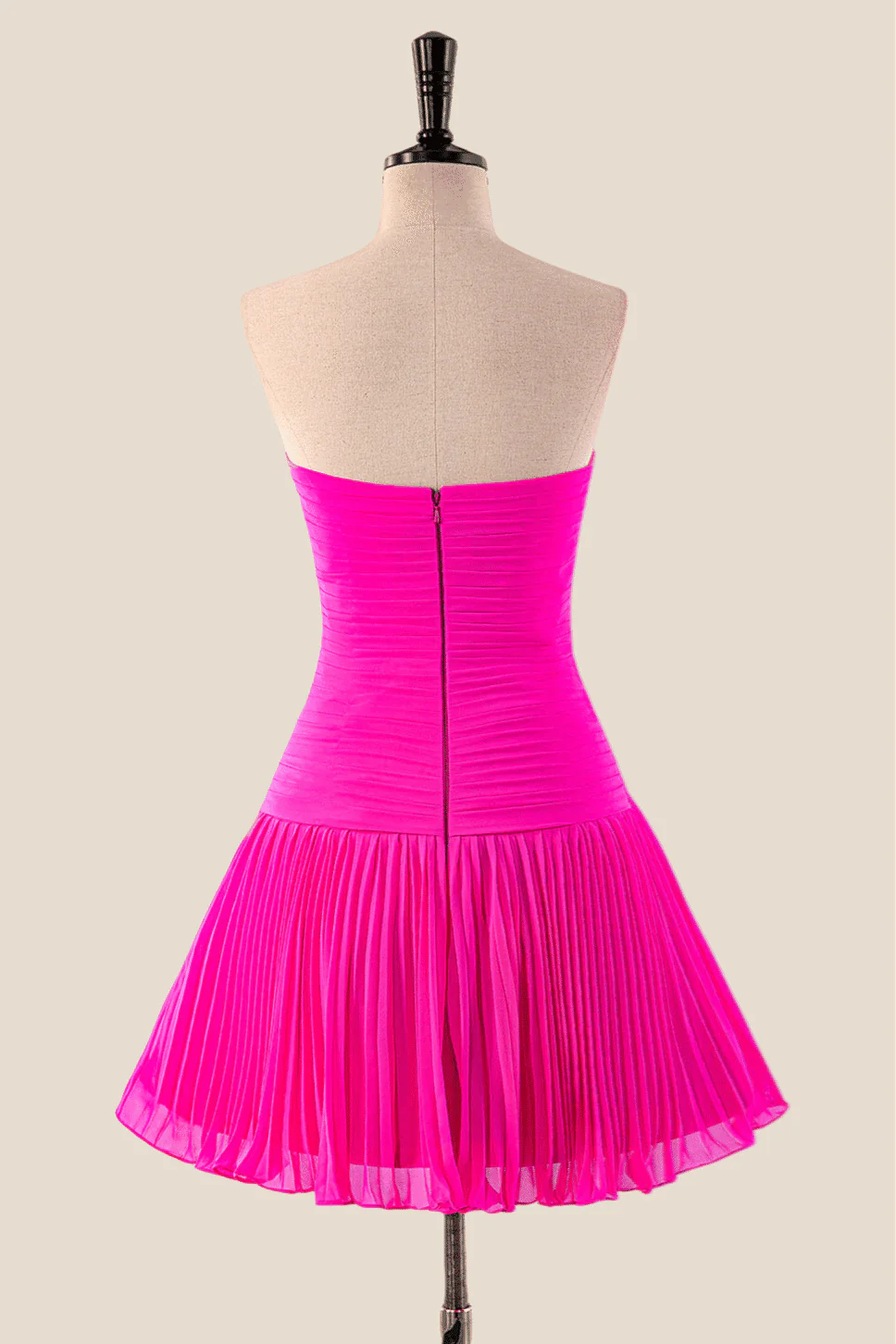 Strapless Hot Pink Pleated A-line Short Dress - Image 2