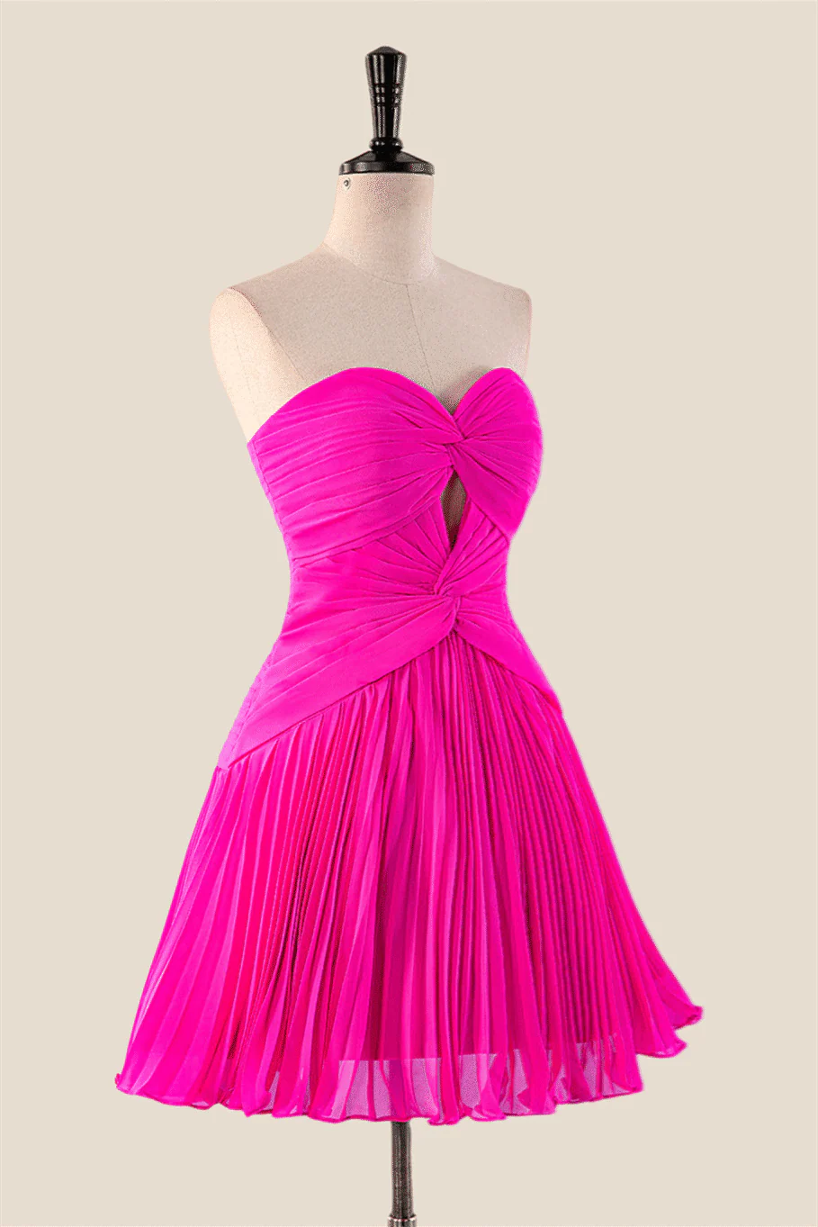 Strapless Hot Pink Pleated A-line Short Dress - Image 4
