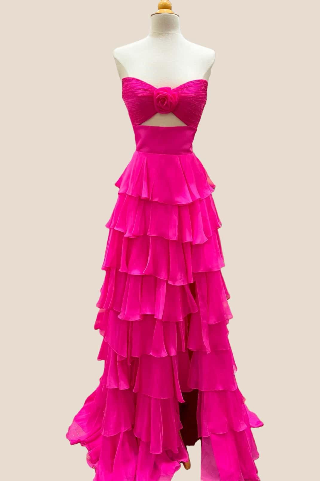 Strapless Light Pink Rosette Tiered Long Dress - Image 12