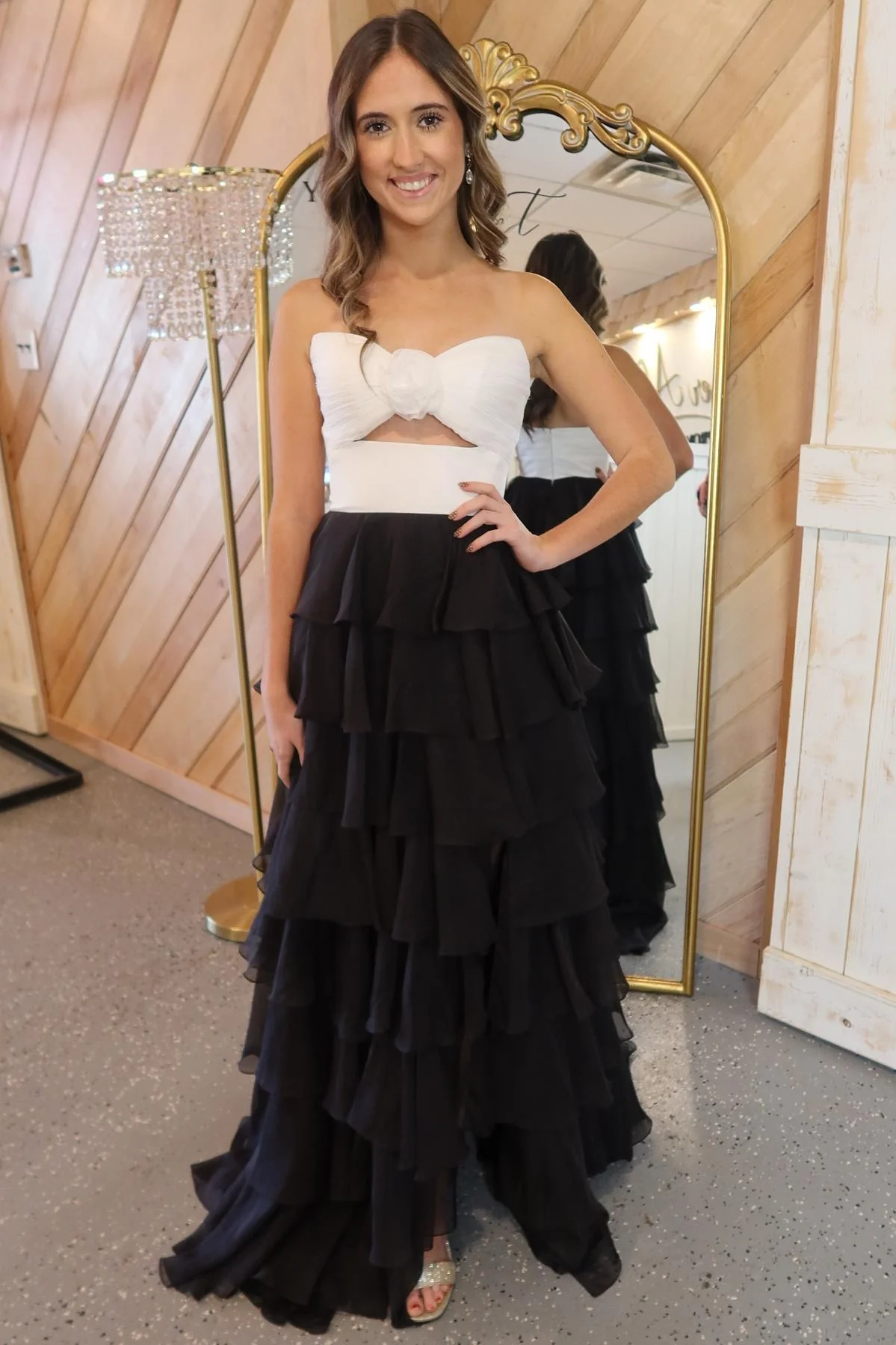 Strapless White and Black Rosette Tiered Long Dress - Image 2
