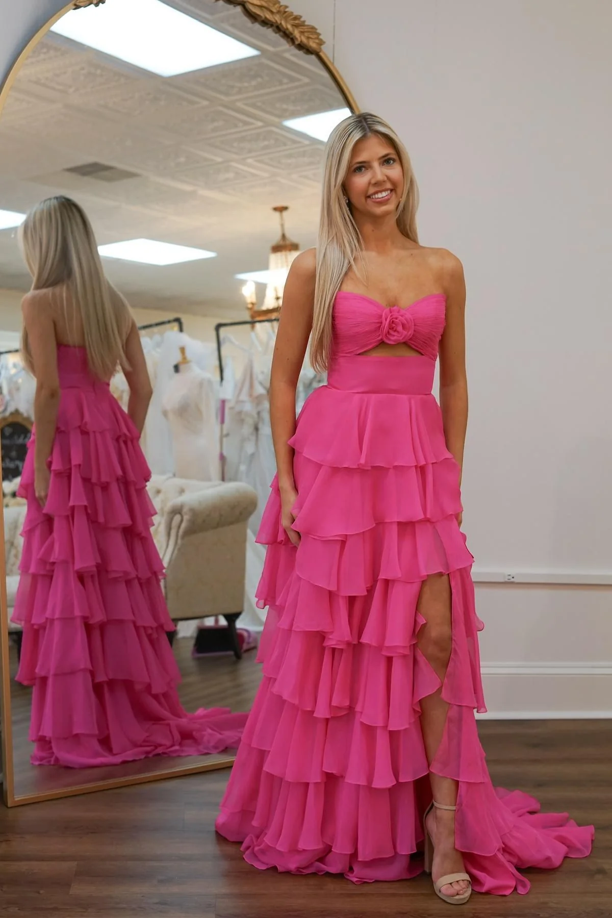 Strapless White and Black Rosette Tiered Long Dress - Image 6