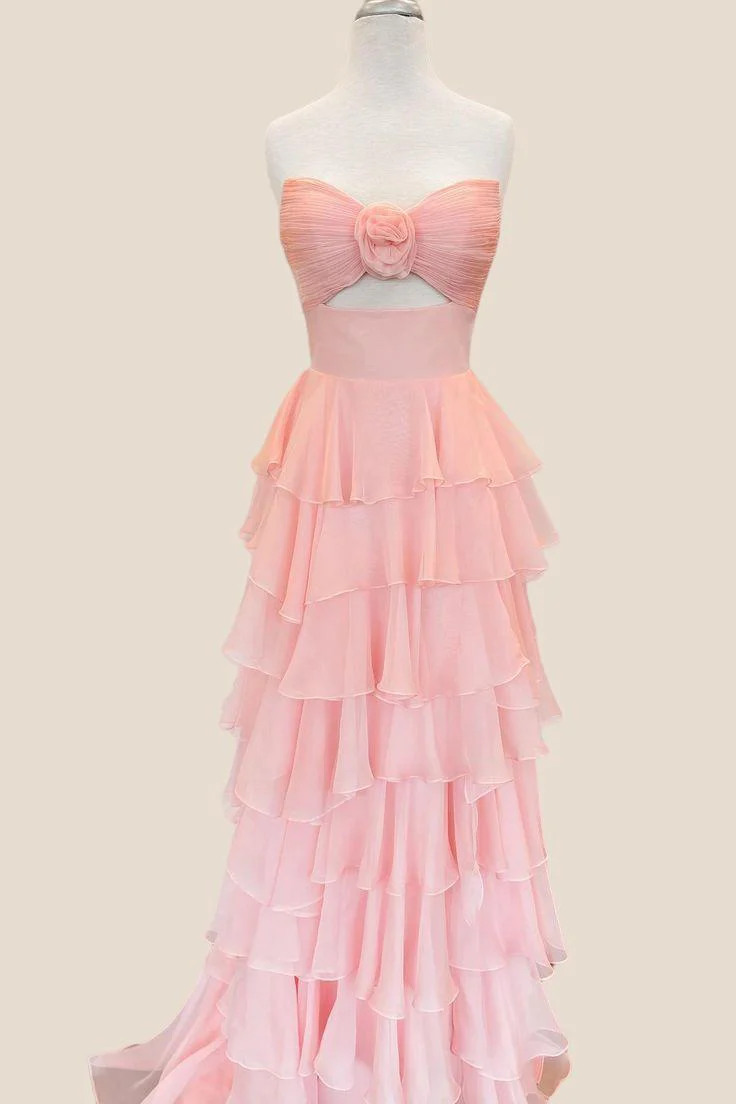 Strapless White and Black Rosette Tiered Long Dress - Image 5