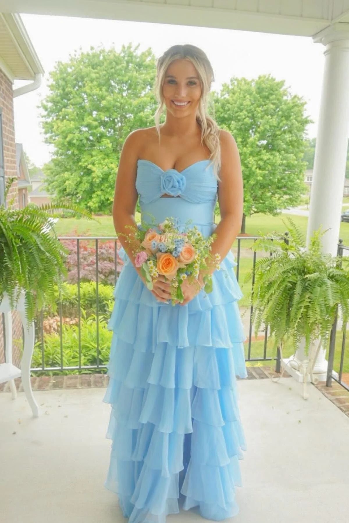 Strapless Light Pink Rosette Tiered Long Dress - Image 2