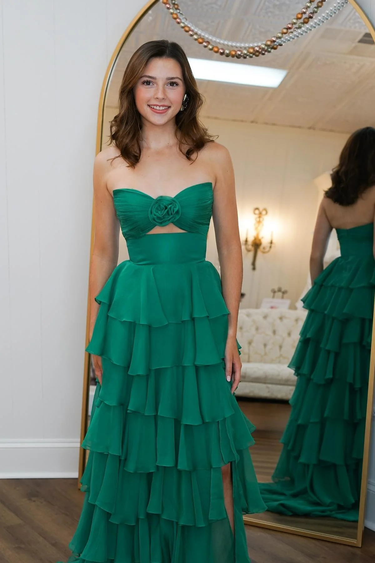 Strapless White and Black Rosette Tiered Long Dress - Image 9