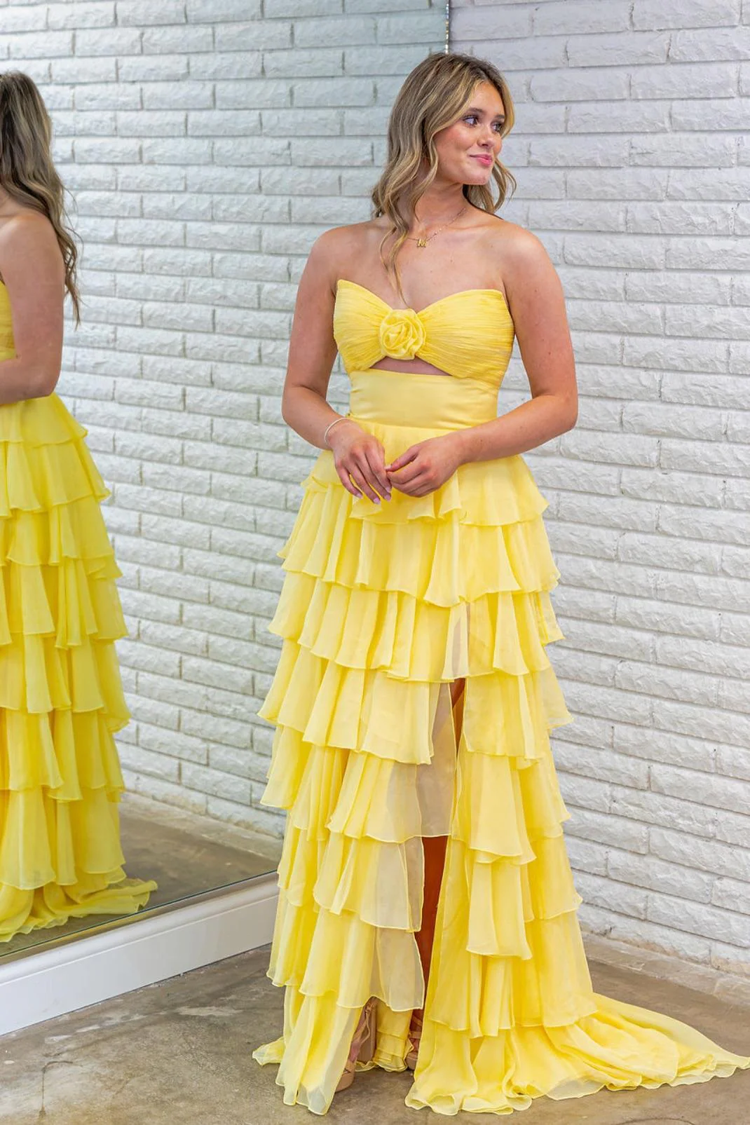 Strapless Light Pink Rosette Tiered Long Dress - Image 8