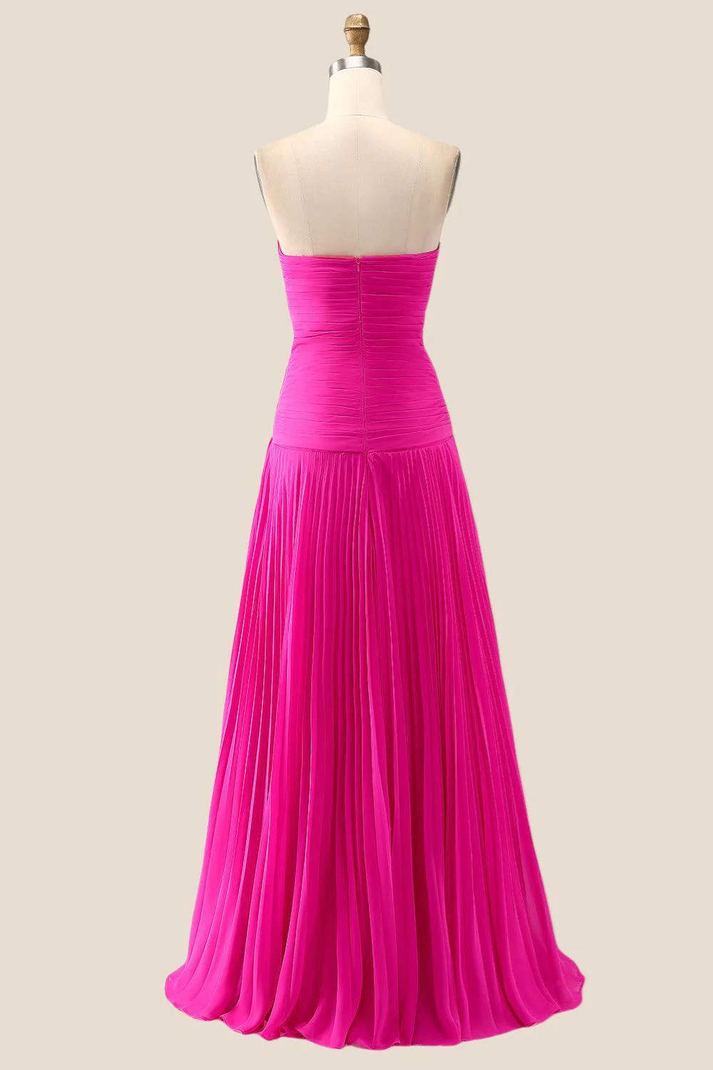 Strapless Hot Pink Ruched Long Dress with Slit - Image 2