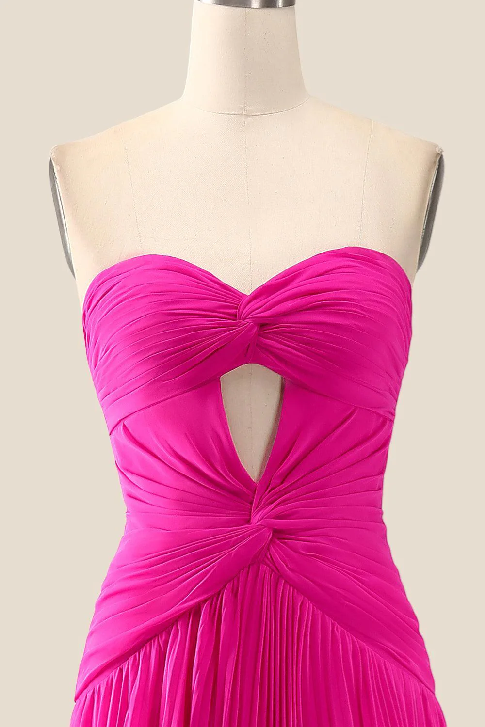 Strapless Hot Pink Ruched Long Dress with Slit - Image 3