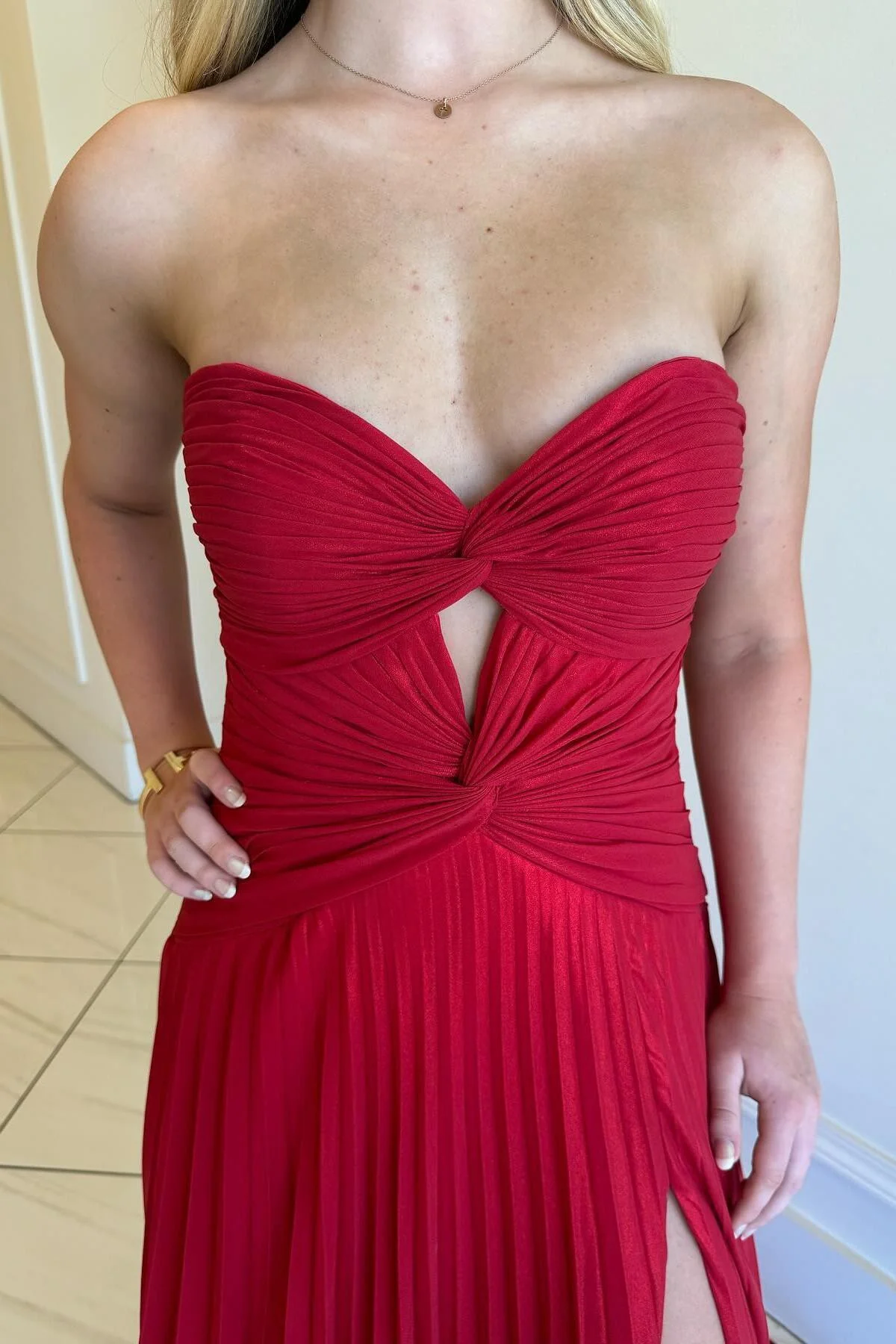 Strapless Hot Pink Ruched Long Dress with Slit - Image 4