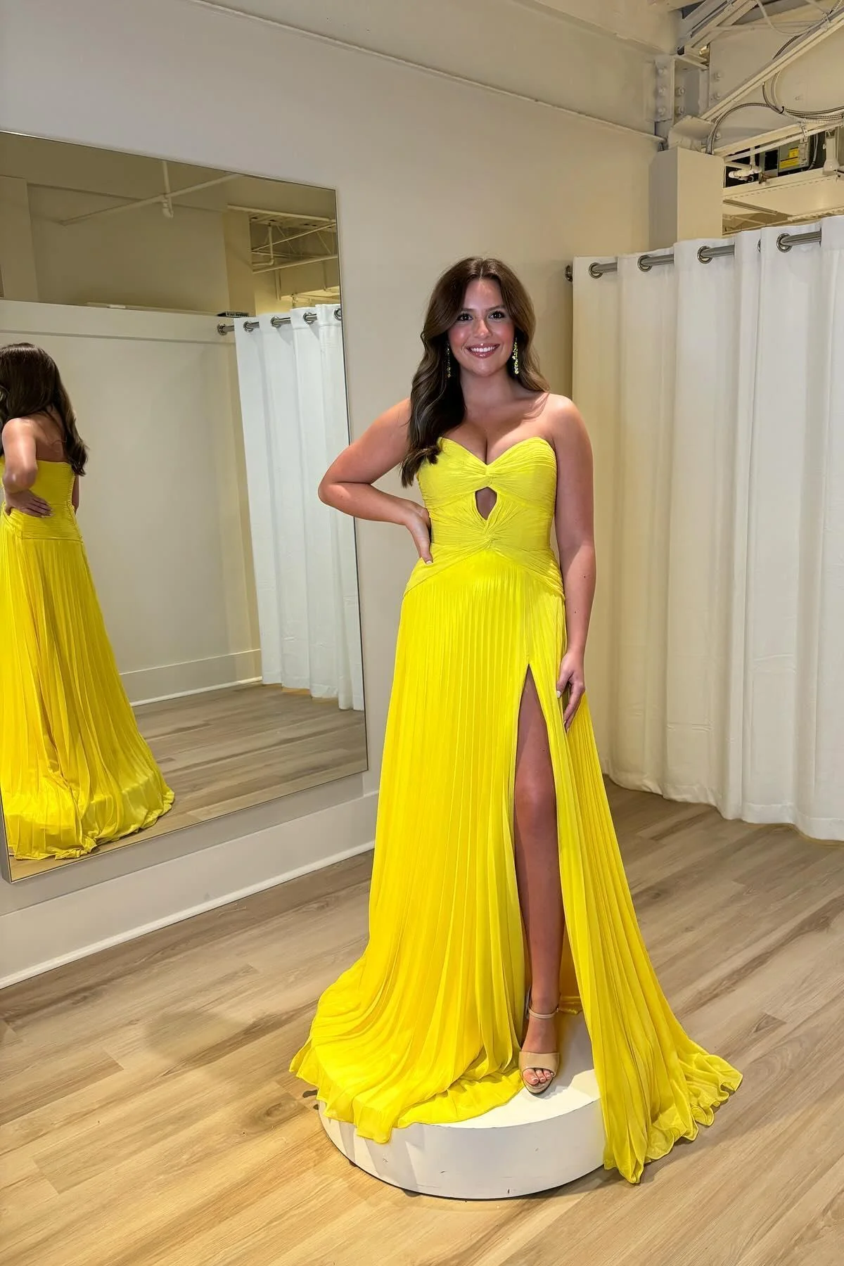 Strapless Hot Pink Ruched Long Dress with Slit - Image 6