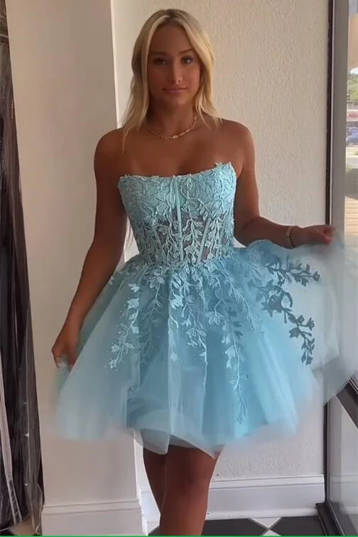 Strapless Lilac Lace Appliques Short Homecoming Dress - Image 2