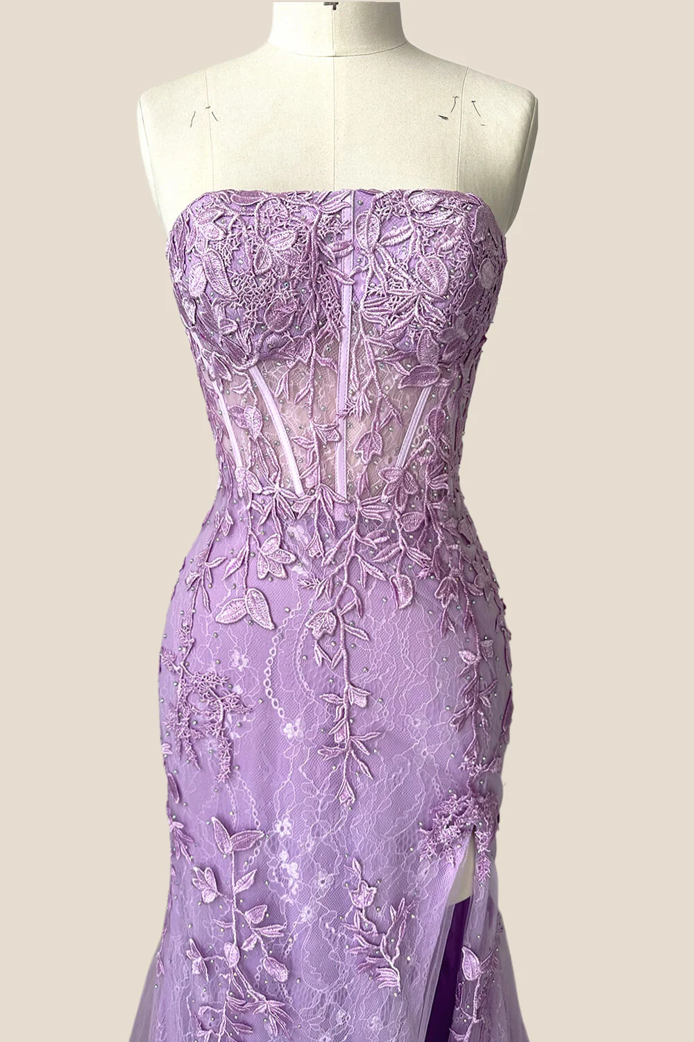 Strapless Lavender Lace Mermaid Long Party Dress - Image 4