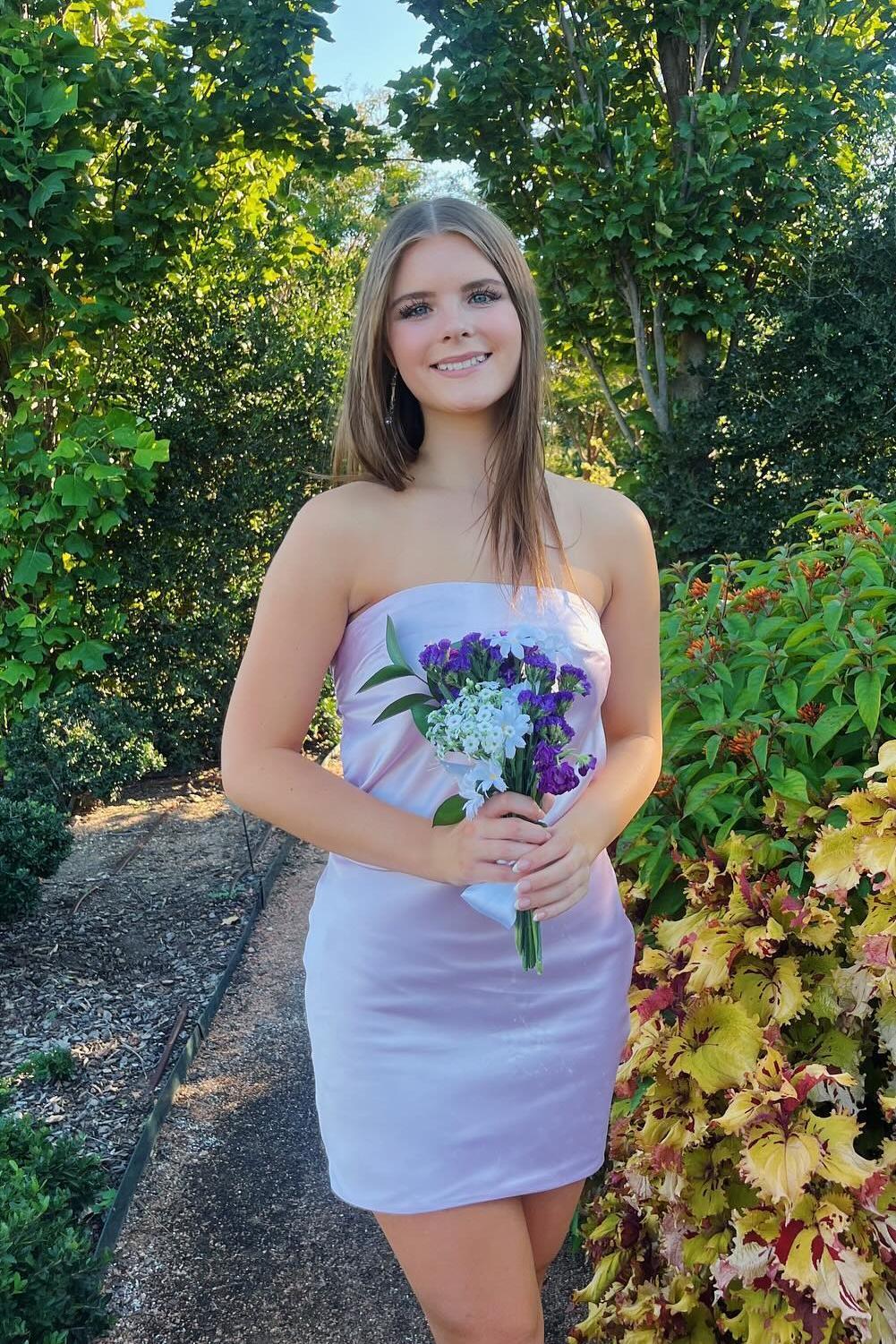 Strapless Lavender Satin Tight Short Dress - Image 3