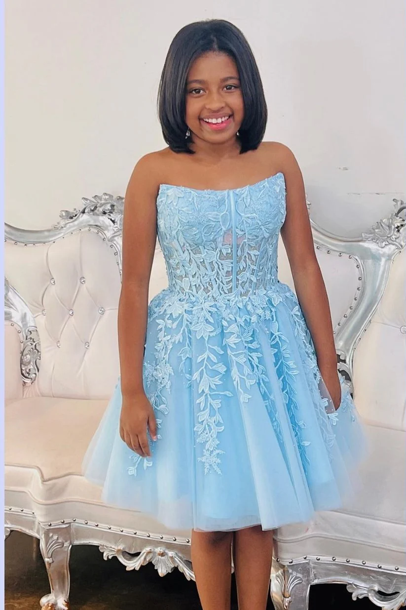 Strapless Light Blue Appliques A-line Princess Dress