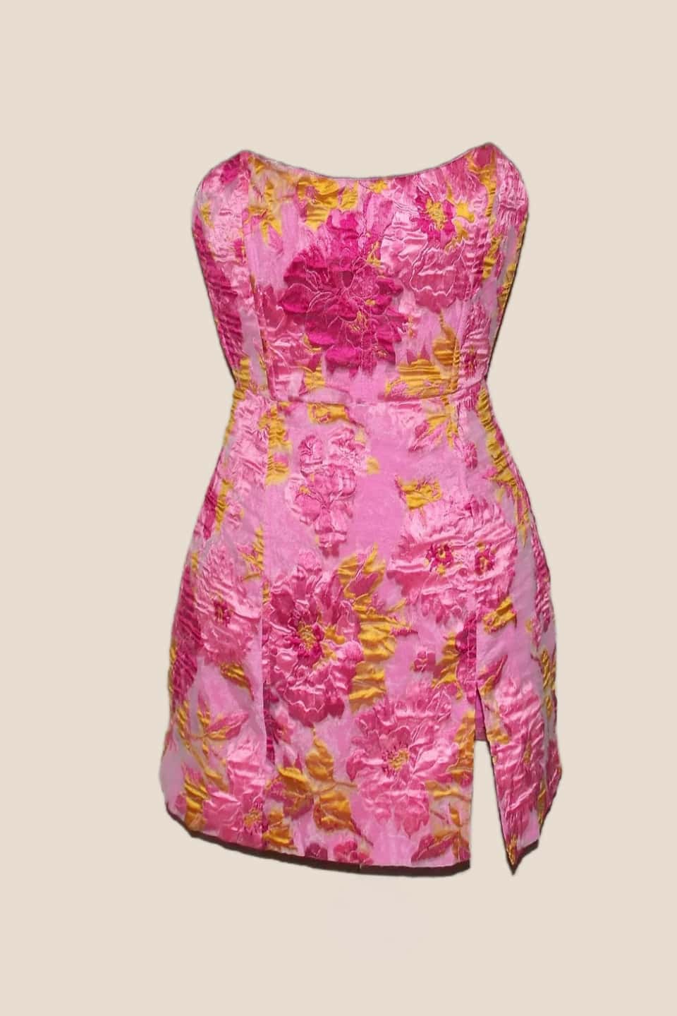 Strapless Light Blue Floral Short Dress with Silt - Image 2