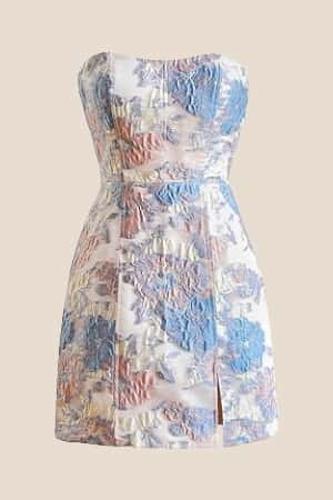 Strapless Light Blue Floral Short Dress with Silt - Image 3
