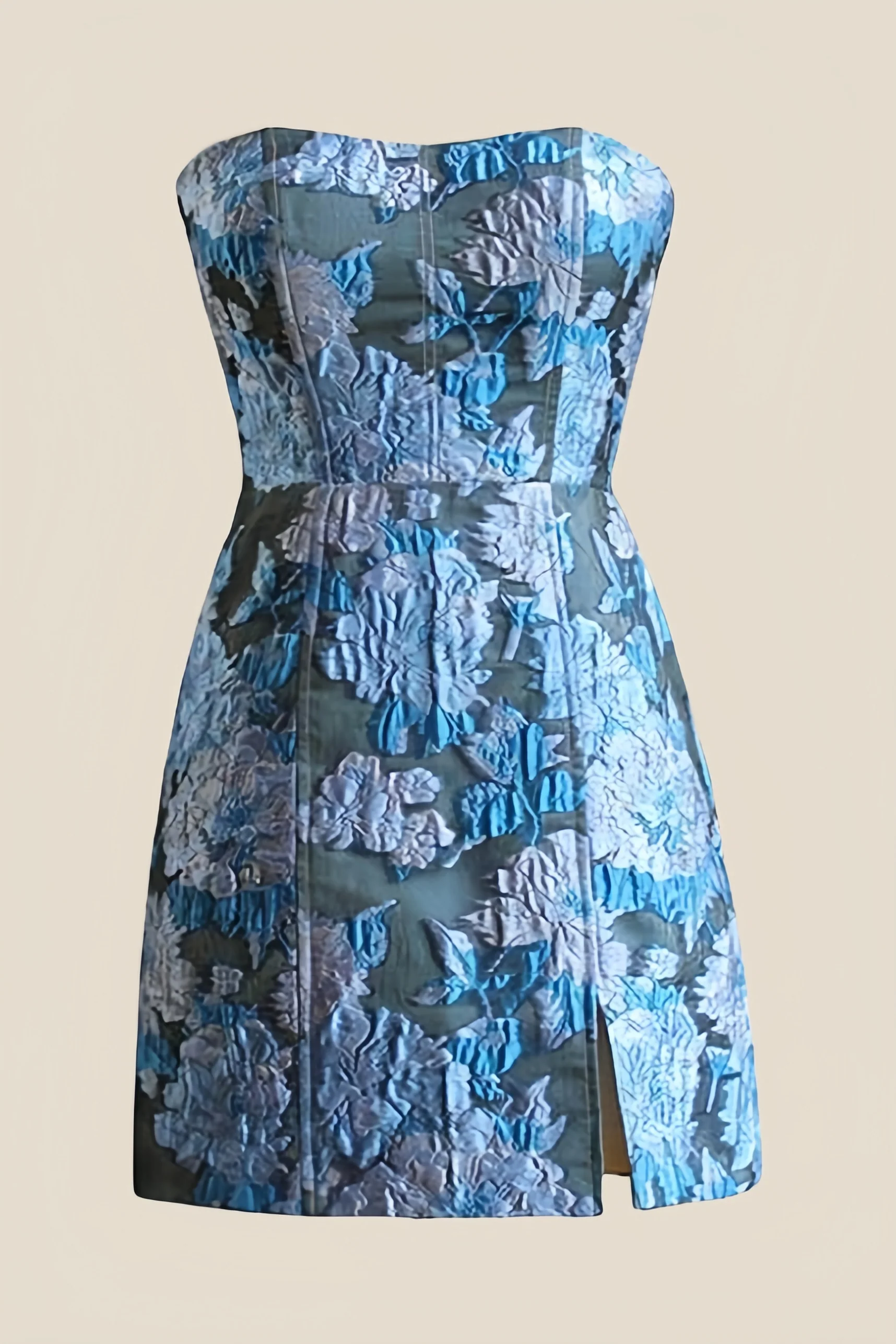 Strapless Light Blue Floral Short Dress with Silt - Image 4