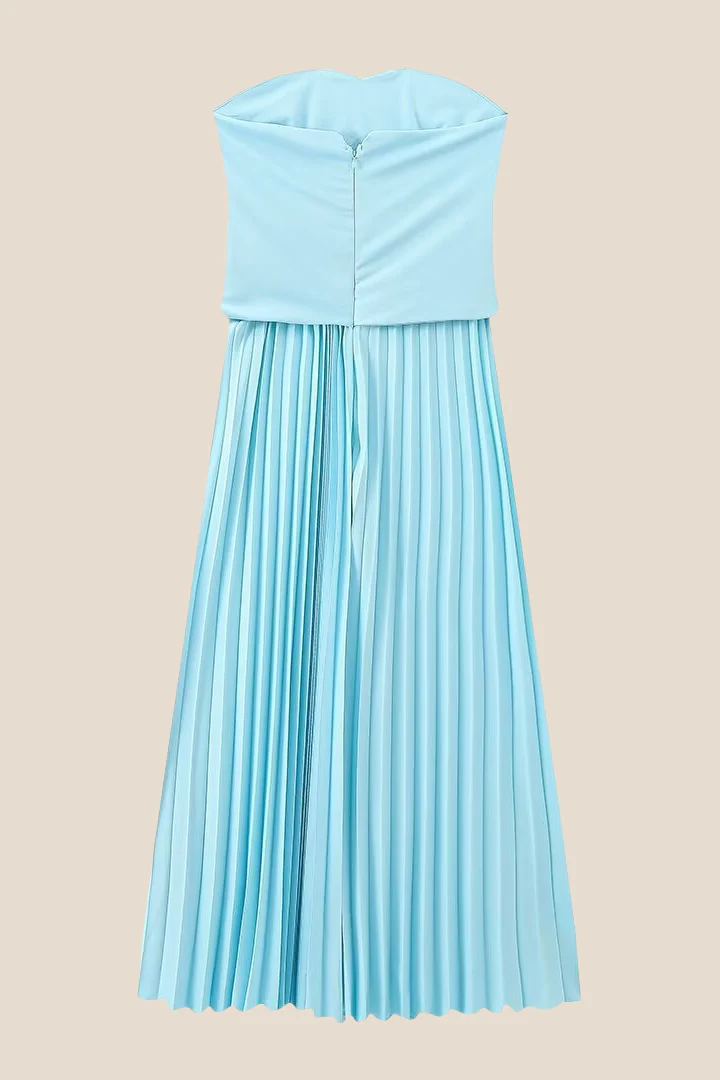 Strapless Light Blue Pleated Midi Dress - Image 2