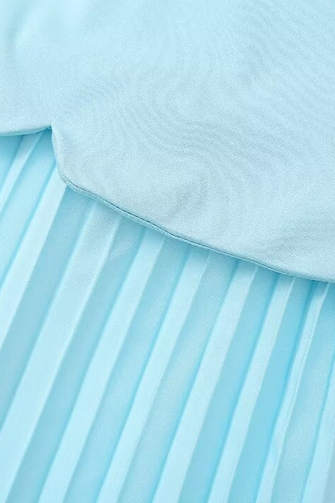 Strapless Light Blue Pleated Midi Dress - Image 7