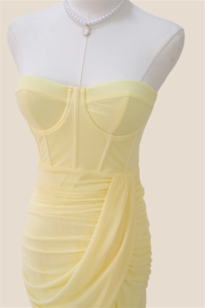 Strapless Light Yellow Ruched Long Dress with Slit - Image 5