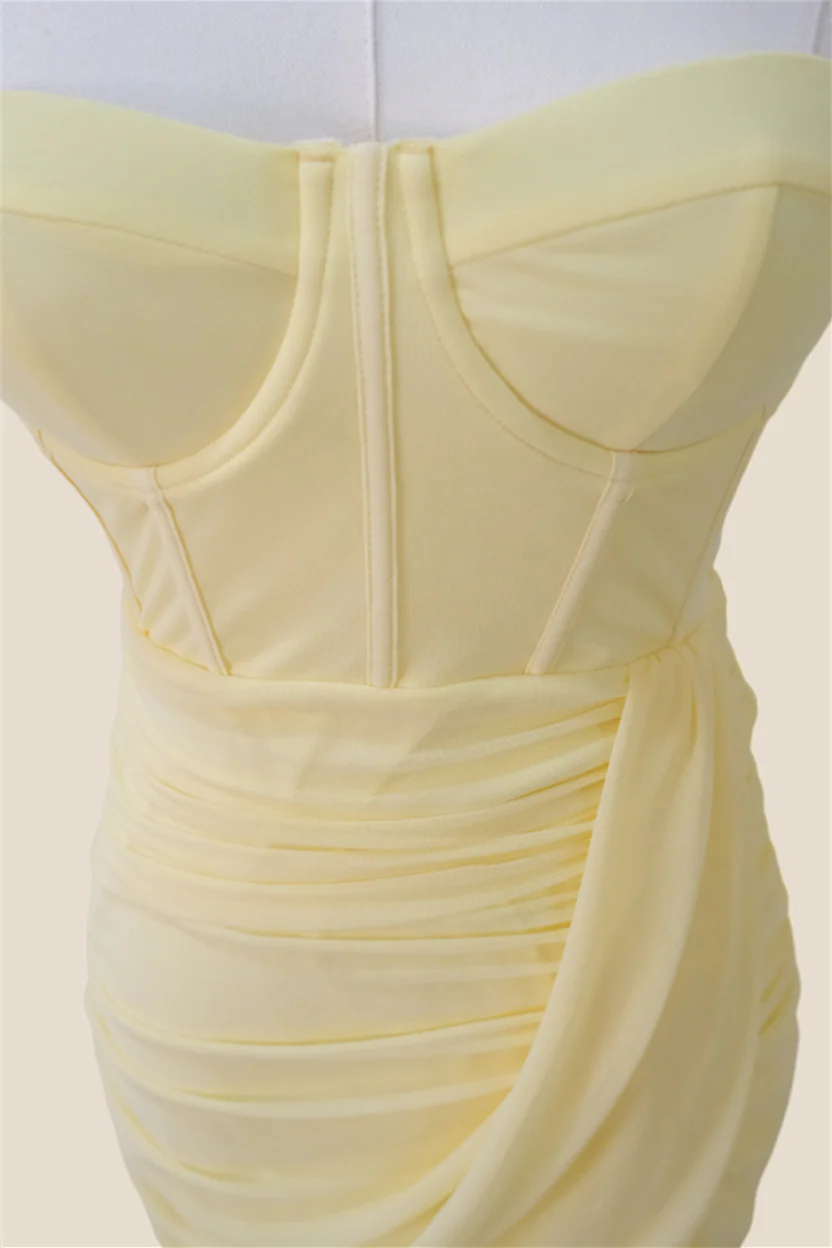 Strapless Light Yellow Ruched Long Dress with Slit - Image 7