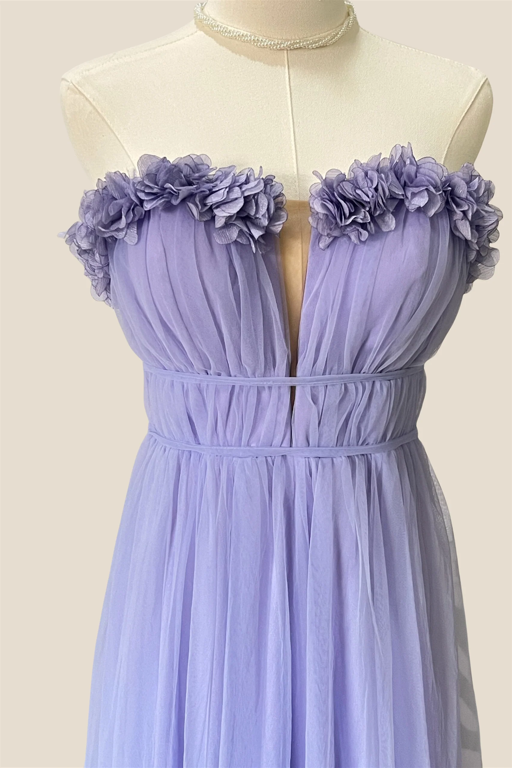 Strapless Lilac 3D Folral Tulle Long Dress - Image 3