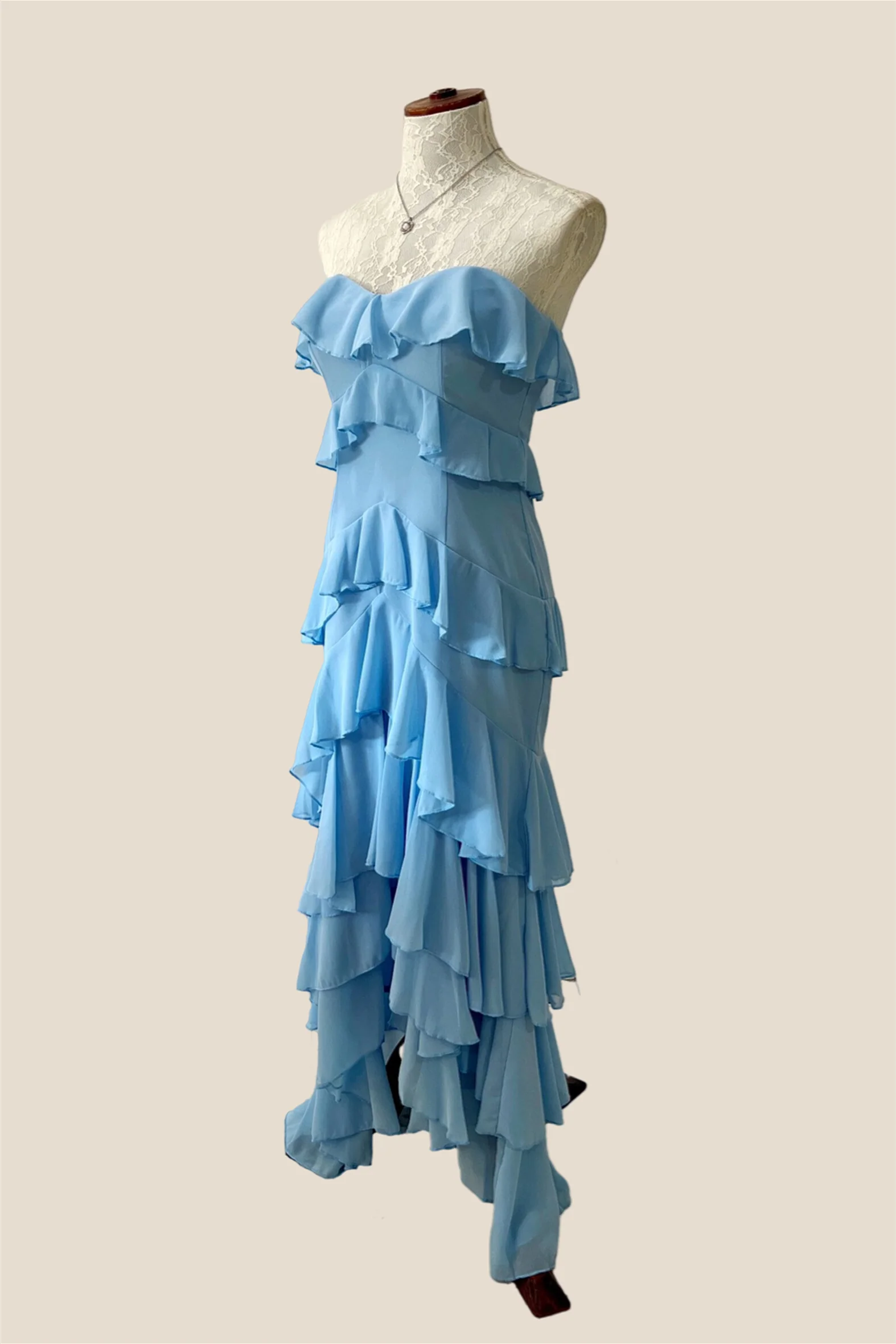 Strapless Blue Ruffle Tiered Long Chiffon Dress - Image 8