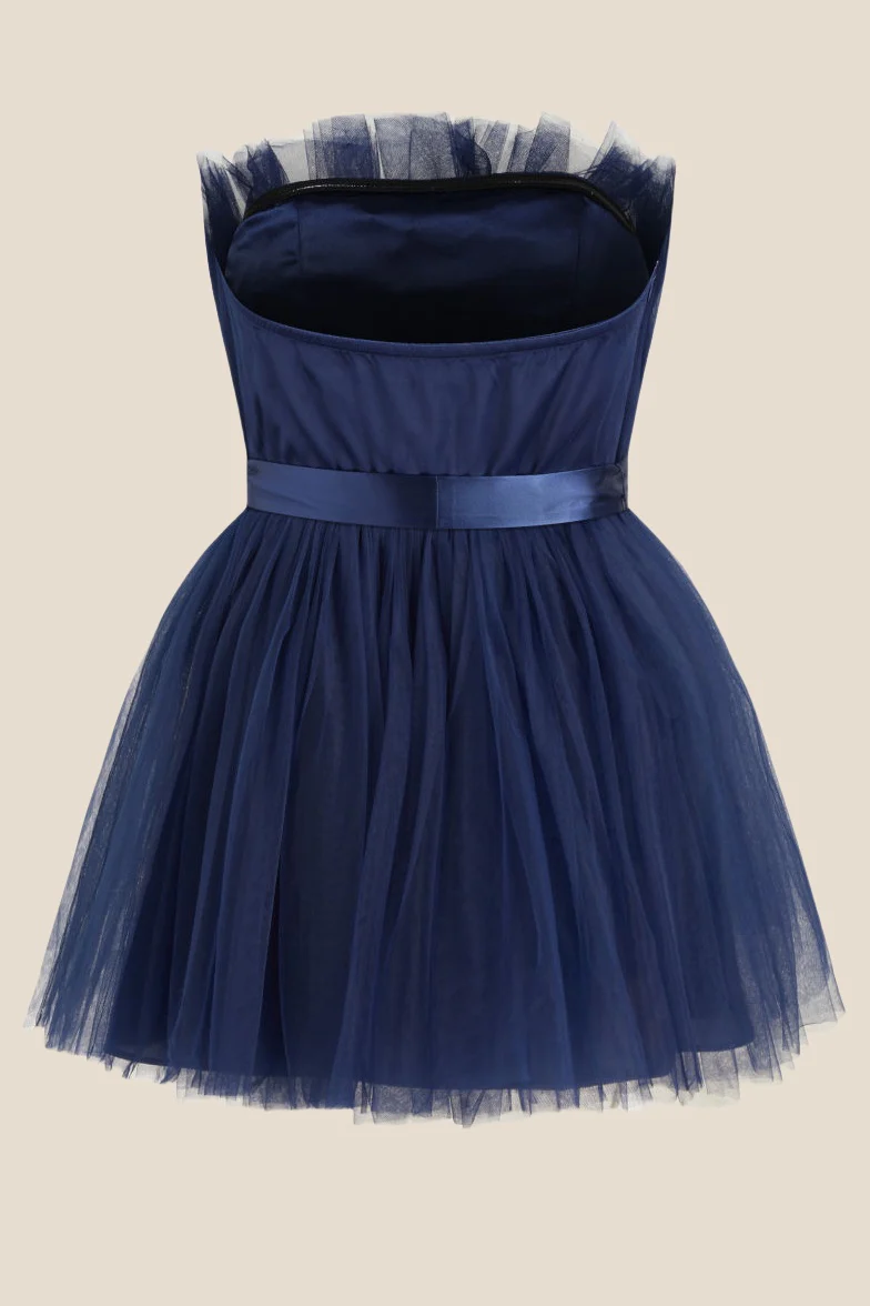 Strapless Navy Blue A-line Short Dress with Belt - Image 2