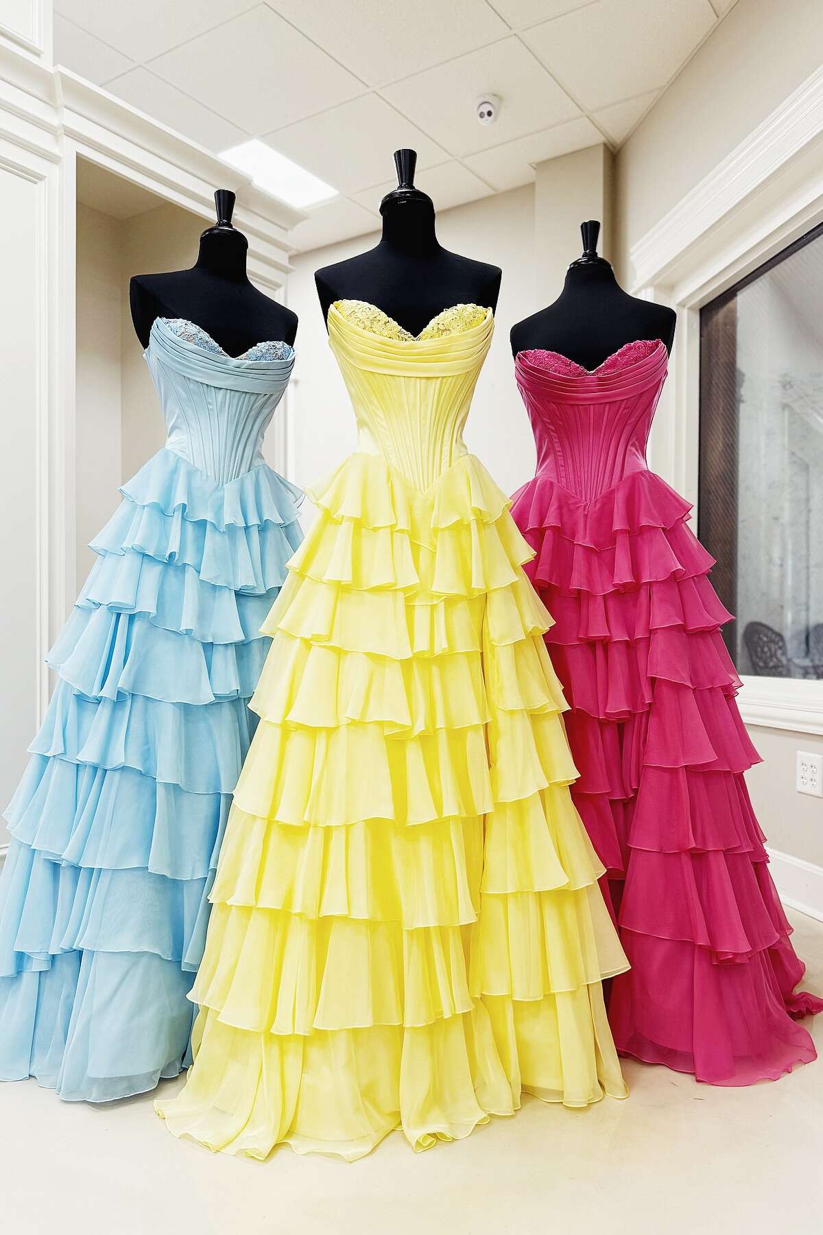 Strapless Yellow Tiered Chiffon Long Dress with Slit - Image 11