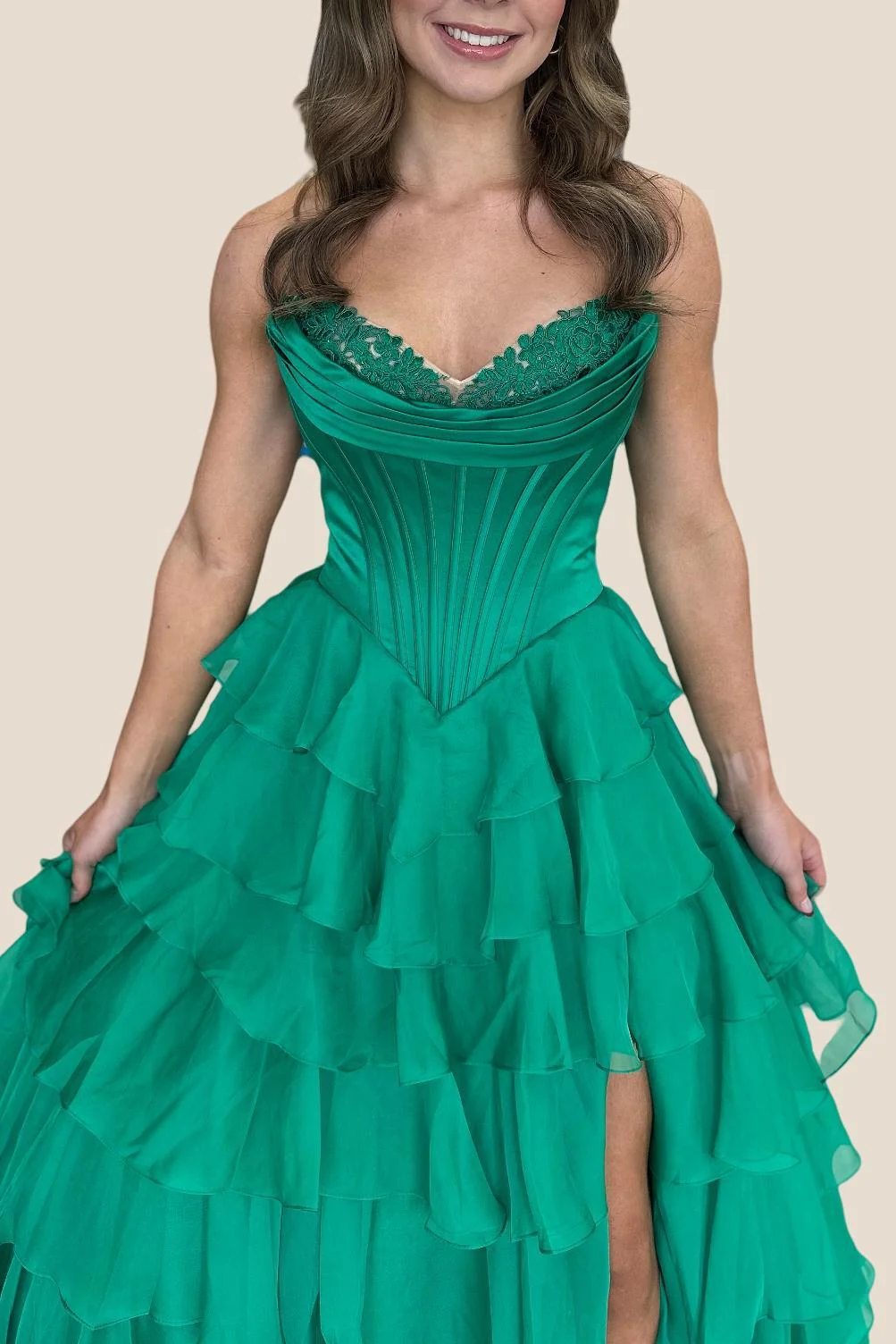 Strapless Yellow Tiered Chiffon Long Dress with Slit - Image 13