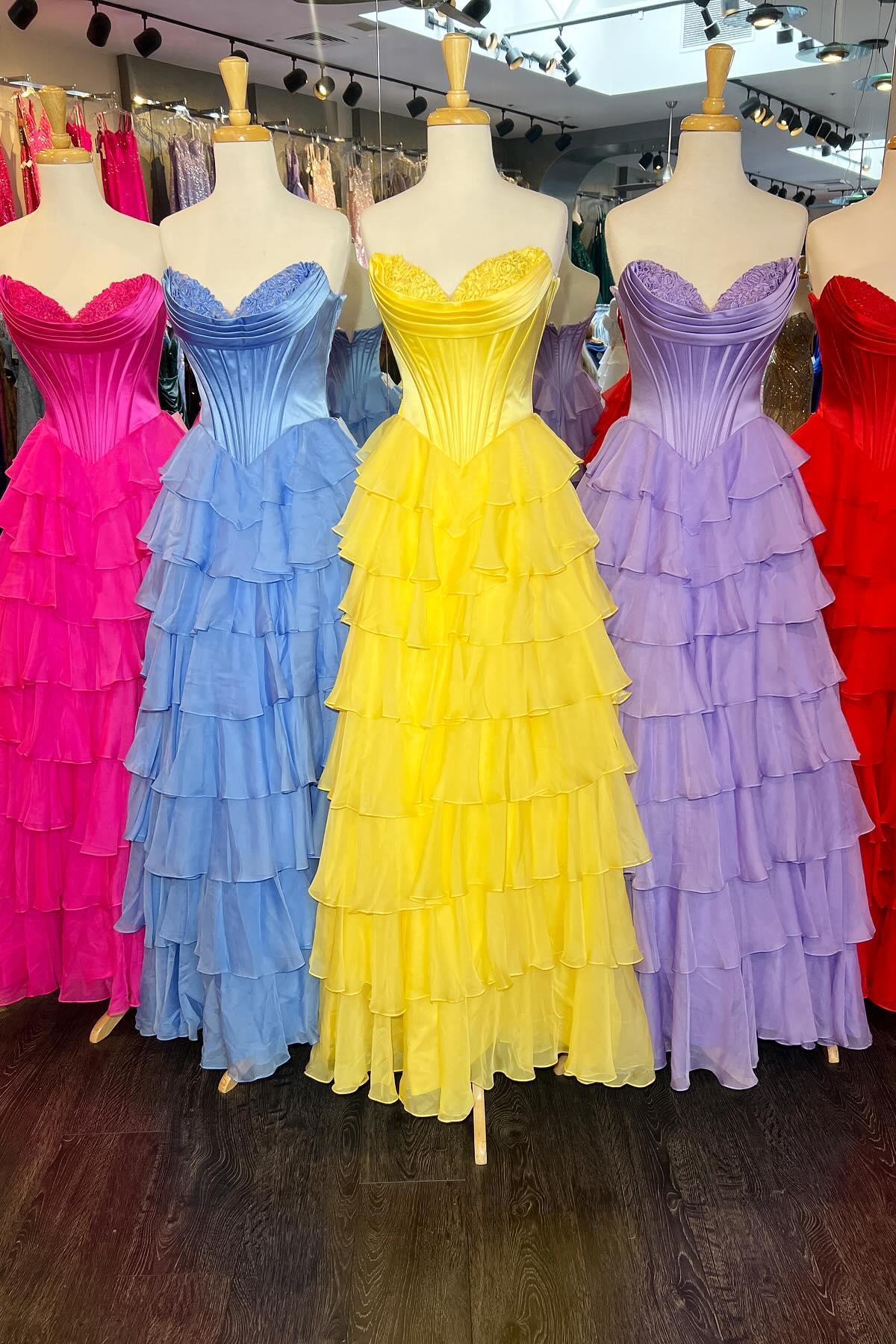 Strapless Yellow Tiered Chiffon Long Dress with Slit - Image 14