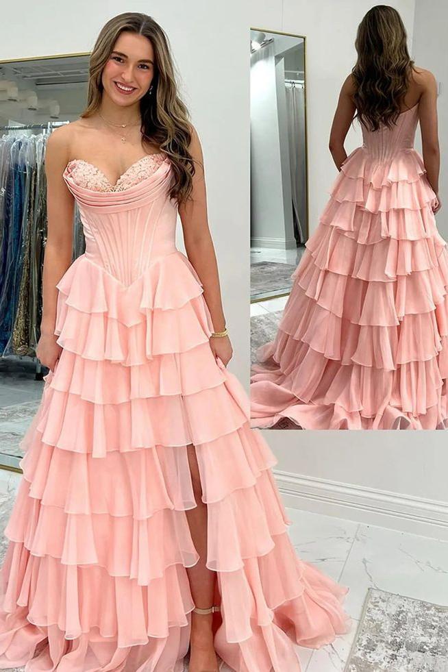 Strapless Yellow Tiered Chiffon Long Dress with Slit - Image 2
