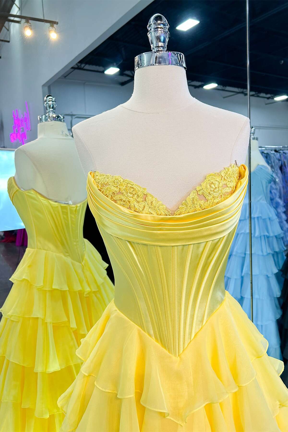 Strapless Yellow Tiered Chiffon Long Dress with Slit - Image 3