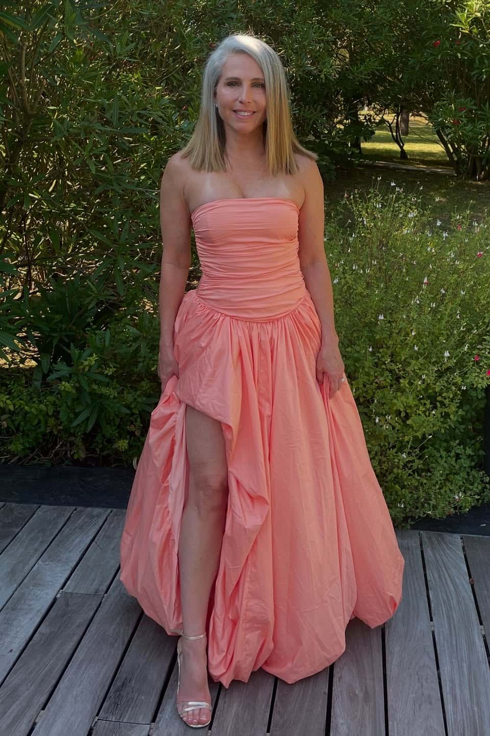 Strapless Peach Ruched Slit Party Dress - Image 2