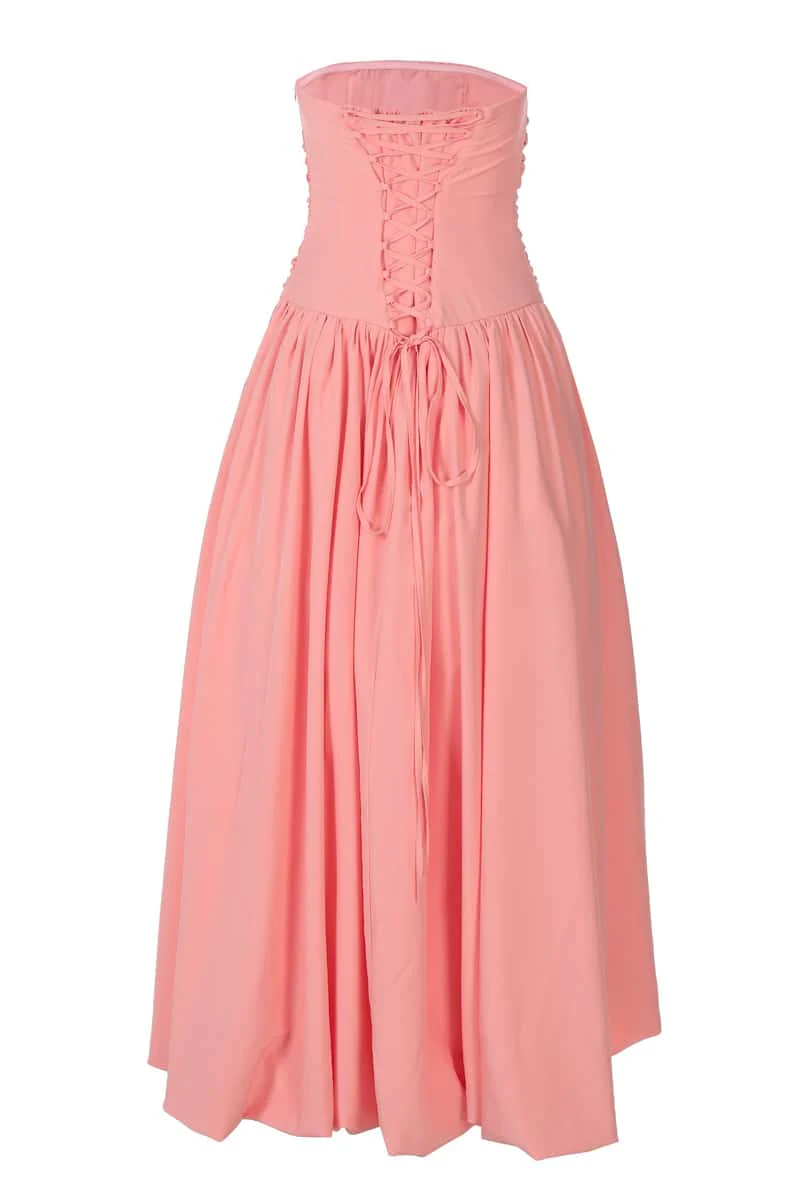Strapless Peach Ruched Slit Party Dress - Image 3