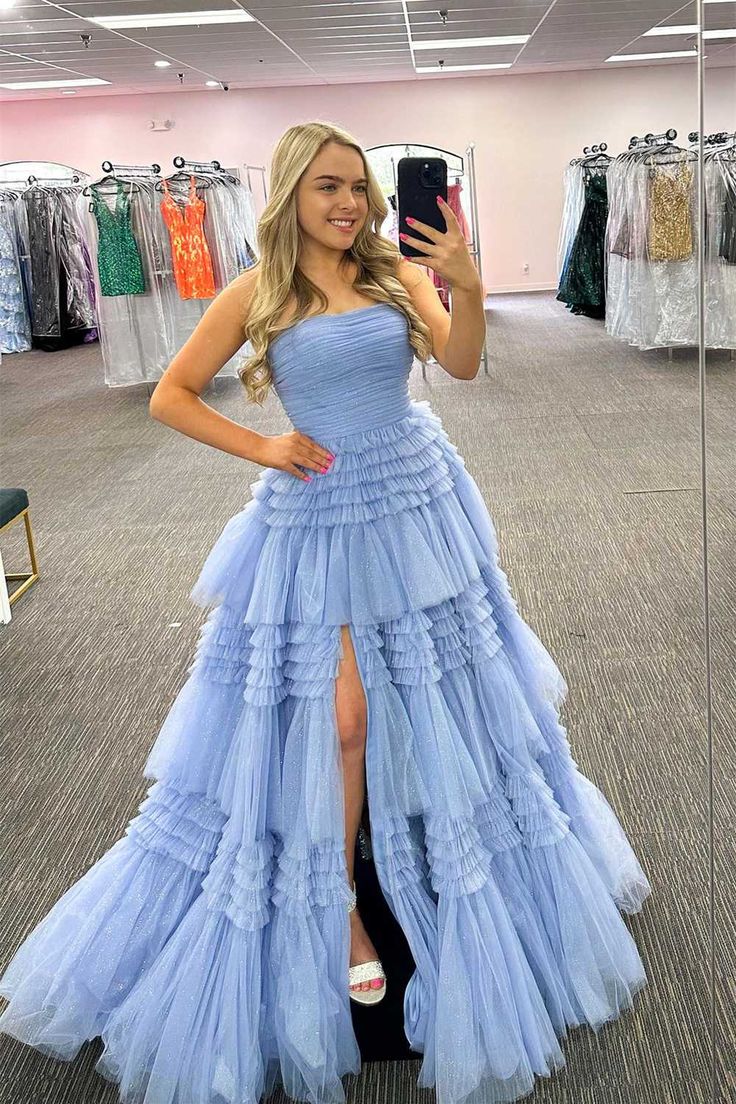 Strapless Periwinkle Tulle Tiered Formal Dress - Image 5