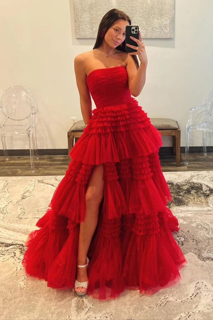 Strapless Periwinkle Tulle Tiered Formal Dress - Image 6